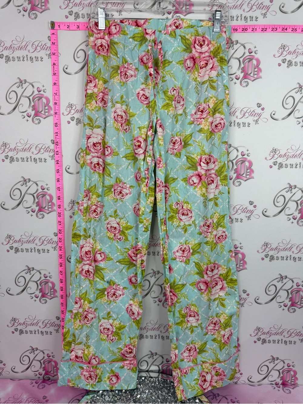 Jessie Steele pants pj Light Blue Wide-Leg Floral Pants with Pink Rose Print